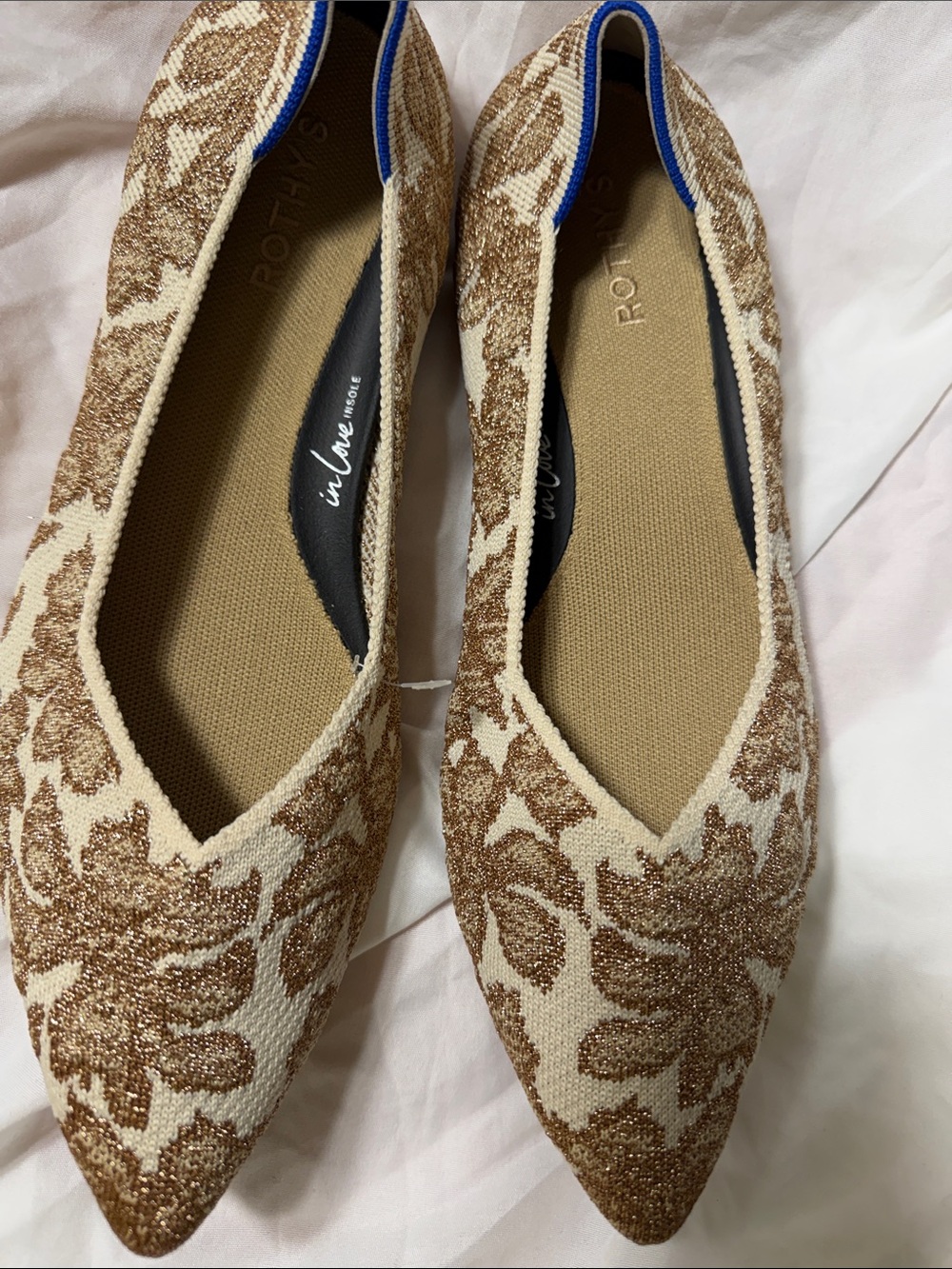 Rothy's Cream and Gold Floral Pointed Toe Flats